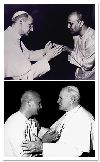 Sri Chinmoy with Pope Paul VI and Pope John Paul II